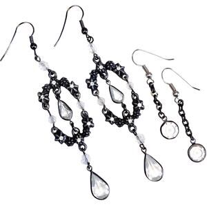 VTG Lot Of 2 Gothic Black Metal Rhinestone Glass Bead Earrings Y2K